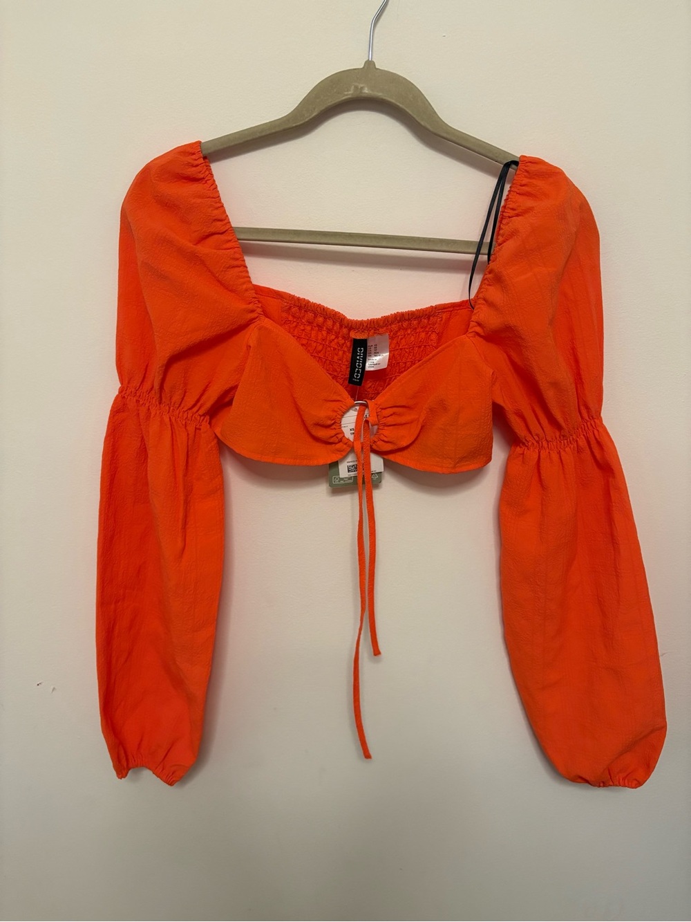 NWT H&M Orange Tie-Front Puff Sleeve Crop Top coquette whimsical size XS